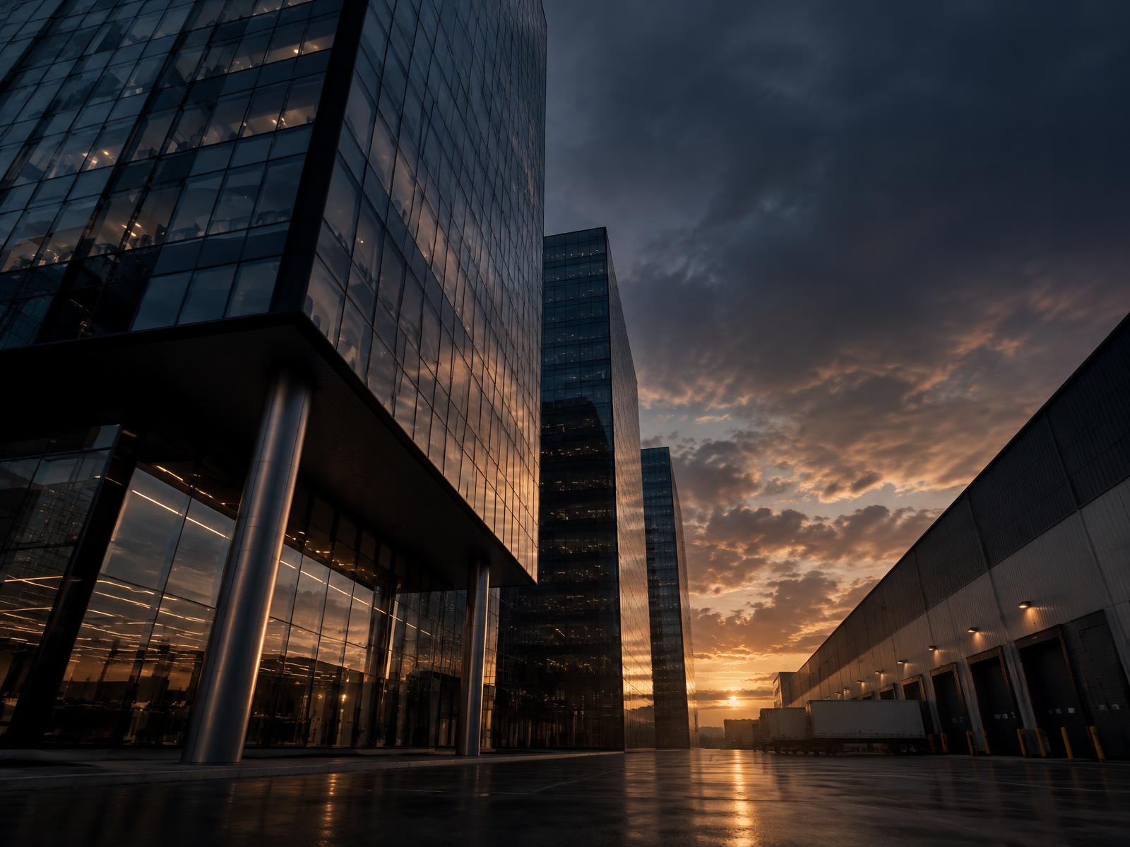 Commercial office and industrial property at dusk